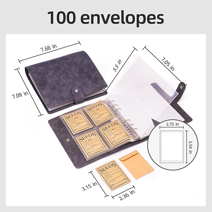 U0U Seed Storage Organizer, 200 Pockets Seed Organizer Binder with 100pcs Sealing Seeds Envelopes Garden Seeds Storage Box,Garden Envelopes for Vegetable (Black)