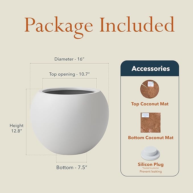 12.8”H x 16”D Globo Fiberstone Round Planter - Christmas Tree Planter, Smooth Finishes, Weather Resistant for Indoor & Outdoor Use, Included 2 Extra Coco Mats (Light Gray, 10.7” Pot Opening)