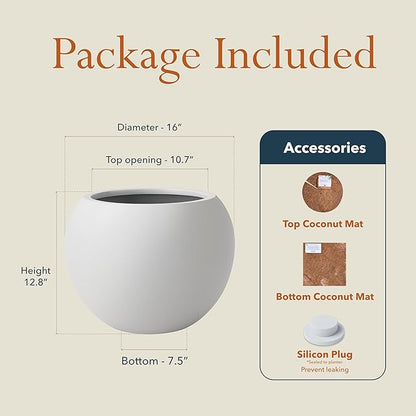 12.8”H x 16”D Globo Fiberstone Round Planter - Christmas Tree Planter, Smooth Finishes, Weather Resistant for Indoor & Outdoor Use, Included 2 Extra Coco Mats (Light Gray, 10.7” Pot Opening)