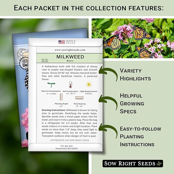 Sow Right Seeds - Milkweed Seed Collection - Varieties Included: Common, Rose and Showy Milkweed, Attracts Monarch and Other Butterflies to Your Garden - Non-GMO Heirloom Packet to Grow