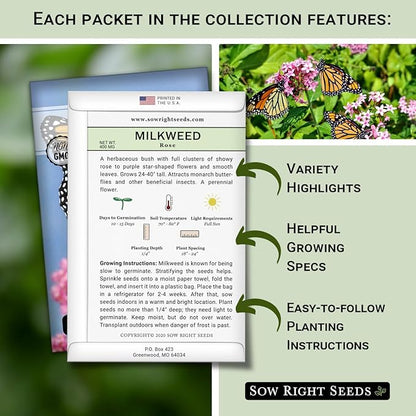 Sow Right Seeds - Milkweed Seed Collection - Varieties Included: Common, Rose and Showy Milkweed, Attracts Monarch and Other Butterflies to Your Garden - Non-GMO Heirloom Packet to Grow