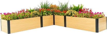 Vego garden Woodgrain Series Raised Garden Bed, 16" Tall Wooden-Look 8' x 8' L-Shaped Metal Planter Box Outdoor for Vegetables, Flowers, Herbs
