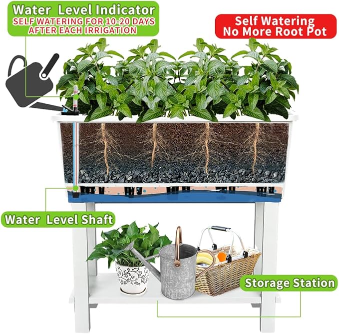 3 Pcs Self Watering Elevated Raised Garden Bed, Large Outdoor Plastic Planter Box Big Flower Plant Pot for Planting Flowers Vegetables and Herbs (3, White)