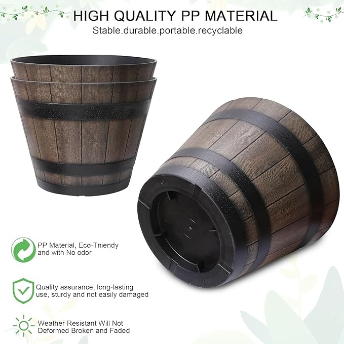 Large Plant Pots, 22.25 Inch 2 Pack Plastic Whiskey Barrel Planters, Big Flower Pots Wine Barrel Design for Outdoor Indoor, Garden, Porch, Patio, Backyard