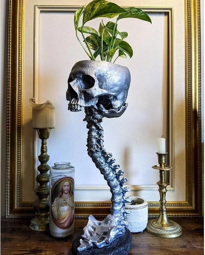 Skull Planter Gothic Skull Vase, Resin Skulls Bowl with Spine Stand Spooky Halloween Skeleton Tall Planters Centerpiece for Gothic Home Decor, Flower Pot, Candy Bowl