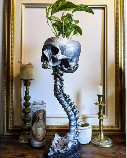 Skull Planter Gothic Skull Vase, Resin Skulls Bowl with Spine Stand Spooky Halloween Skeleton Tall Planters Centerpiece for Gothic Home Decor, Flower Pot, Candy Bowl