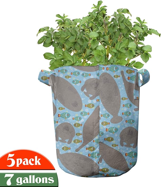 Ambesonne Manatee Grow Bags 5-Pack, Ocean Floor Themed Design, Heavyduty Fabric Pots with Handles for Plants, Grey Blue
