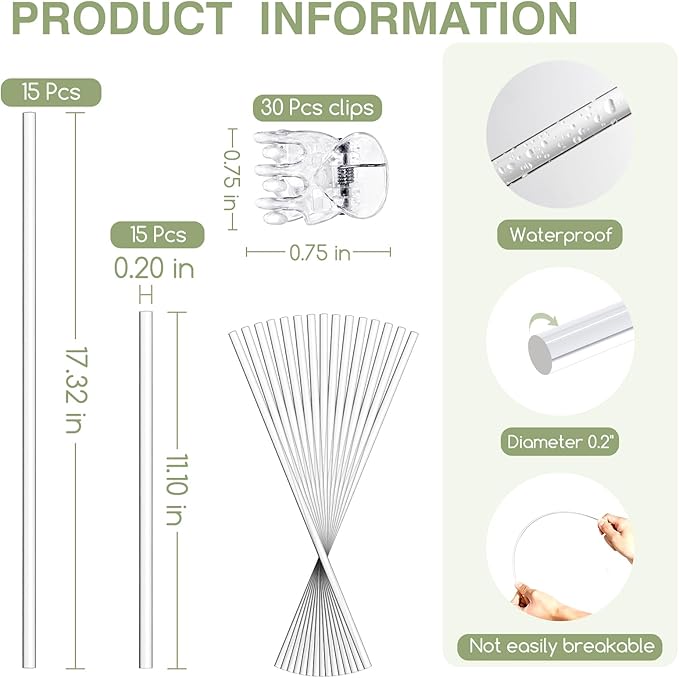 Mwellewm Plant Stakes 30 Pcs 17 Inch & 11 Inch Plant Support Stakes For Indoor Outdoor Tall Acrylic Clear Garden Orchid Sticks with 30 Small Clips Single Stem Potted Tomato Flower Amaryllis Vegetables