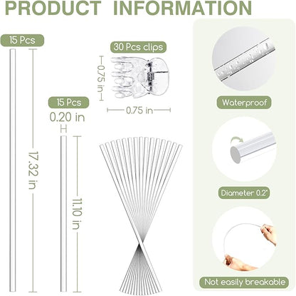 Mwellewm Plant Stakes 30 Pcs 17 Inch & 11 Inch Plant Support Stakes For Indoor Outdoor Tall Acrylic Clear Garden Orchid Sticks with 30 Small Clips Single Stem Potted Tomato Flower Amaryllis Vegetables