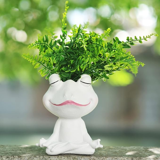 Face Planters Pots Head Yoga Frog Resin Plant Pot with Drainage Hole(White-A)