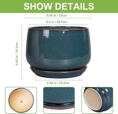 G EPGardening Ceramic Plant Pots - 9 Inch Round Modern Planter Indoor with Drainage and Tray for Indoor Outdoor Flower, Office Decor, Gardening Gifts, Retro Blue