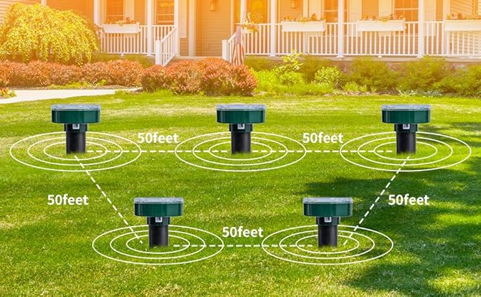 8 green UPGRADE Mole Repellent for lawns Gopher Repellent Ultrasonic Solar Powered Snake Repellent Deterrent Mole Repeller Vole Repellent Outdoor Lawns Garden Yard All Pests Sonic Spikes Stakes Chaser