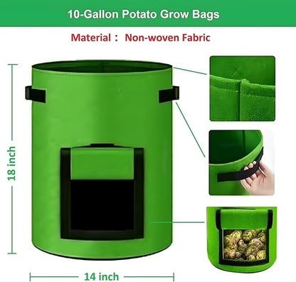 Potato Grow Bags,(5 Pack 10 Gallon) Garden Vegetables Growing Planter with Handles and Access Flap for Planting Potato Carrot Onion Taro Radish Peanut, (Green)