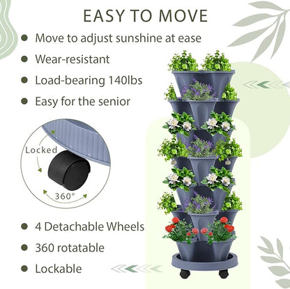 Umigy 2 Set of 7 Tier Vertical Planter Stackable Tower Planters Strawberry Herb Flower and Vegetable Pots Indoor Outdoor Gardening Pots with Removable Wheels and Tools(Dark Gray)