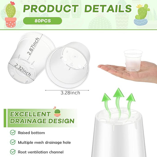 Yaomiao 80 Pcs 3 Inch Clear Mini Plastic Plant Pot Nursery Seedling Pots Seed Starter with Drainage Holes for Indoor Outdoor Garden Succulent Plants Cuttings Transplanting