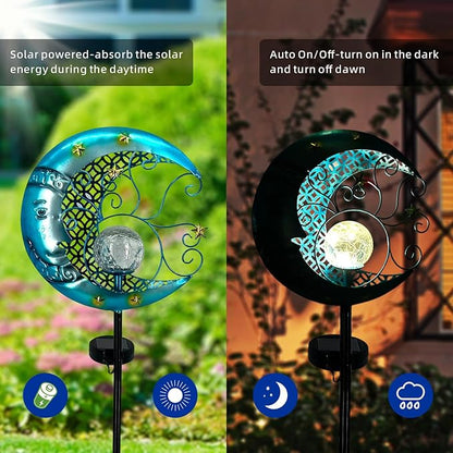 Solar Garden Lights Outdoor Waterproof Pathway Lights Moon Lantern with Crackle Glass Glass Globe Led Warm Light for Walkway,Backyard,Patio,Lawn,Pathway Decoration（Blue）
