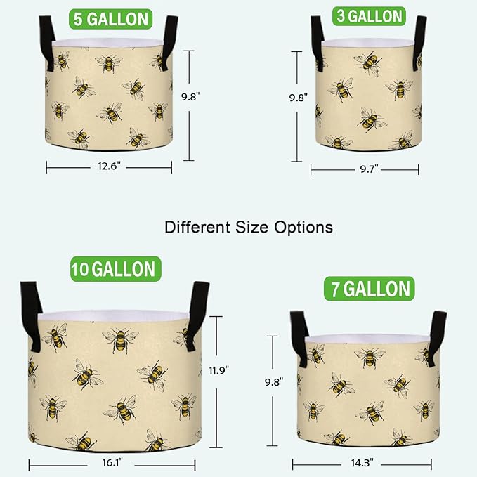 10 Gallon Retro Little Bee Pattern Heavy Duty Grow Bag Containers Breathable Planter Pot with Handles for Potato Tomato Fruits Vegetables Flowers