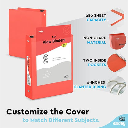 3 Ring Binder 1.5 Inch Red, 1 ½ inch Binder Clear View Cover with 2 Inside Pockets, Colored School Supplies Office and Home – by Enday