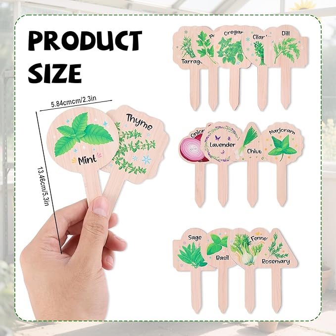 15pcs Plant Label Signs, 15 Style Waterproof Wood Herb Names Tags with Vivid Matching Patterns for Outdoor Garden Potted Plant Planting Enthusiasts Gifts