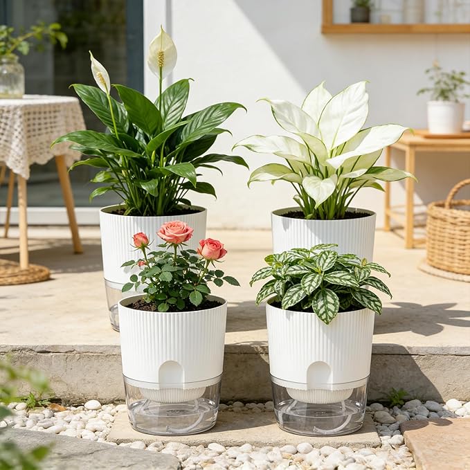 Plant Pots, 4 Pack 5.7 Inch Self Watering Pots for Indoor Plants, Flower Pots with Deep Reservoir and Drainage Holes - White