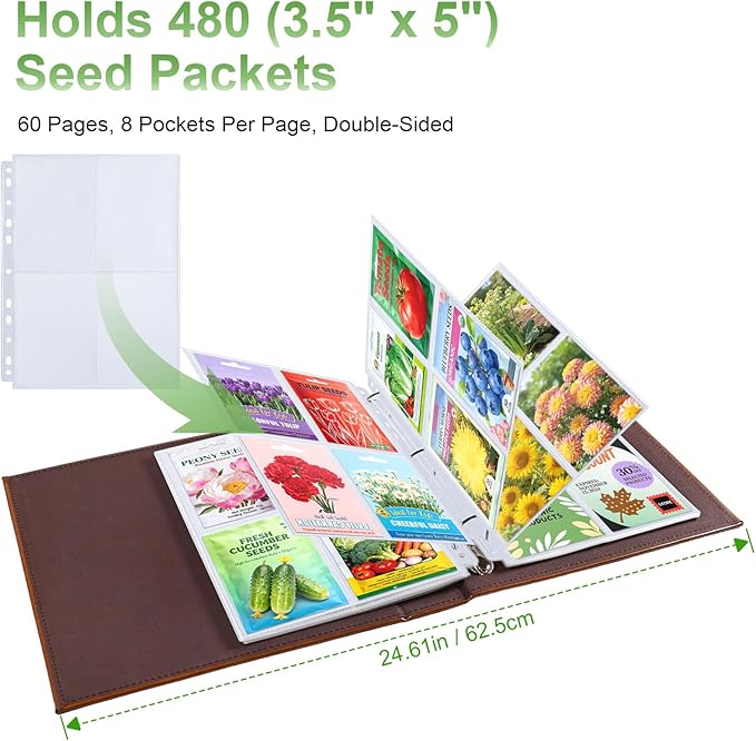 480 Pockets 3.5x5” Seed Packet Sleeves, 60 Pack Double Sided 4 Pocket Seed Organizer Sheet,Heavy Duty Garden Seeds Storage Pages for 3 Ring Binder, 8.5x11” Top Loading Clear Photo, Index Card Sleeves
