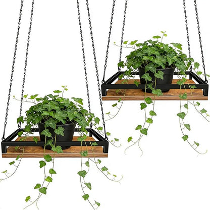 Plant Hanger Indoor, 11.8" Wooden Hanging Plant Holder with Metal Frame Hanging Planter for Indoor Plants Load 50LB Hanging Plant Shelf with 27.6" Long Chain, Ideal for Heavier Pots Ceiling（2 pack）