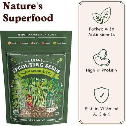 Seedboy Organic Non-GMO Sprouting Seeds, Fresh Salad Blend – USA Grown Microgreens Mix with Alfalfa, Broccoli, Radish, Mung Bean & Lentil – 8 oz Bag Makes 8 Quarts / 24 Servings (Salad Blend)