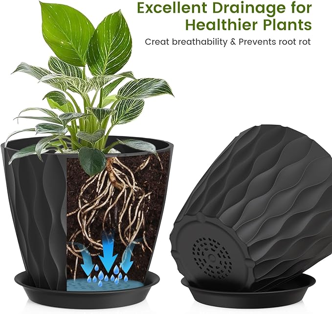 8 Inch Plant Pots, 4 Pack Plastic Planters for Indoor Outdoor with Drainage Holes & Saucers, Waffle Texture Flower Pots for Indoor Plants, Indoor Plant Pots for Monstera, Fiddle Leaf Fig, Black