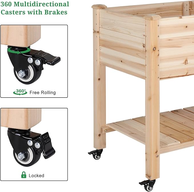 VINGLI Heavy Duty Raised Garden Bed with Bed Liner, Wood Elevated Planter with Legs for Vegetables Fruits Potato Onion Flower, Outdoor Sturdy Long Lasting Planter Box Kit (Elevated with Wheels)