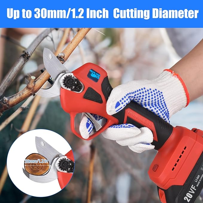 Electric Pruning Shears, Garden Pruner with 2 Rechargeable Battery, Replacement Steel Blade Gloves, Heavy Duty Gardening Bypass Branch Rose, Cordless 48V Power Tree Triming, 30mm 1.2" Cut Diameter
