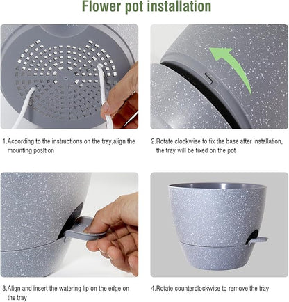 12 inch Large Self Watering Pots, Planter, Plant Pots with Mesh Drainage Holes for Indoor Outdoor House Plants and Garden, Plastic Flower Pots with Deep Reservoir, Speckled Grey