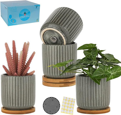 TAMAYKIM 4 Inch Cylinder Ceramic Plant Pots with Drainage Holes & Saucers, Vertical Glazed Green Grey Small Boho Planters with Trays for Indoor Flower, Snake Plants, Succulent, Cactus, Set of 4