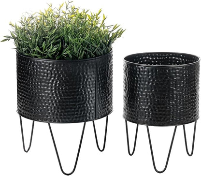 MyGift 8 and 10 Inch Modern Matte Black Metal Planter Pots with Pebbled Texture, Hammered Plant Containers with Matte Black Wire Stands, 2 Piece Set - Handcrafted in India