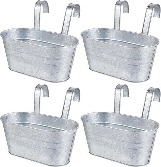 OBTANIM 4 Pack Metal Hanging Flower Pots Iron Railing Planter Outdoor Fence Hanging Pots Bucket Plant Holder with Detachable Hooks Drain Holes for Home Garden Yard Decor (Silvery)