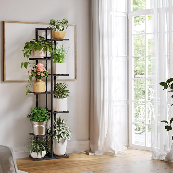 ROSSNY 55 Inch Tall Plant Stand Indoor, 7 Tier 8 Potted Bamboo Plant Stands for Indoor Plants, Corner Plant Stand, Tiered Plant Stands, Plant Shelf For Indoor, Planter Holder for Multiple Plants Indoor, Black
