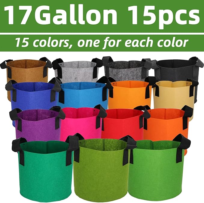 Grow Bags,Growing Pot Bags Garden Grow Bag Indoor Outdoor Fabric Aeration Plant Pot Container Flower Vegetable Pouch (Mixed 15colors,17Gallon)
