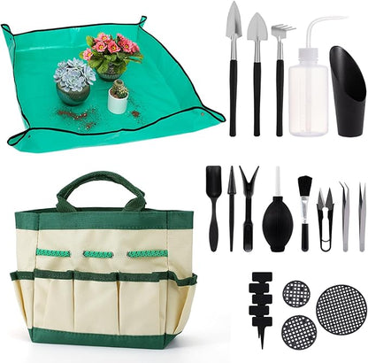 44pcs Small Gardening Tools Gifts for Women Beginners - Garden Hand Tools Set for Indoor Succulent Bonsai Plants Transplanting, Included Bag/Repotting Mat/Shovel/Labels, Green
