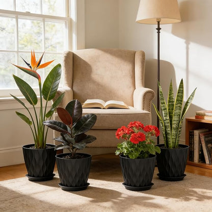 8 Inch Plant Pots, 4 Pack Plastic Planters for Indoor Outdoor with Drainage Holes & Saucers, Waffle Texture Flower Pots for Indoor Plants, Indoor Plant Pots for Monstera, Fiddle Leaf Fig, Black