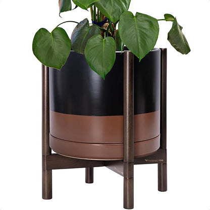 D'vine Dev Ceramic Planter with Walnut Color Stand - 14 Inch Modern Round Flower Pot with Wood Planter Holder, Black/Speckled Tan, 55-B-T-7