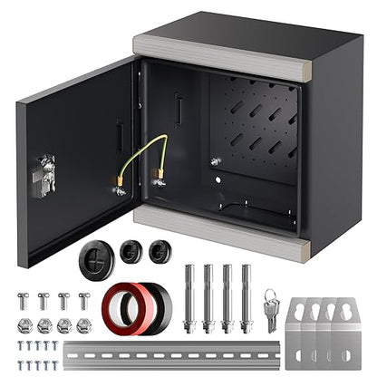 Joinfworld Outdoor Electrical Metal Box 11.8" x 11.8" x 7" Weatherproof Outdoor Junction Enclosure Steel Box with Lock Din Rail Cable Gland