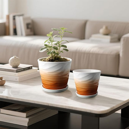 6.7 + 5.5 Inch Plant Pot,Ceramic Planter with Drainage and Saucer,Ceramic Pots for Plants,Indoor Plant pots,Planters for Indoor Plants(Khaki + White)