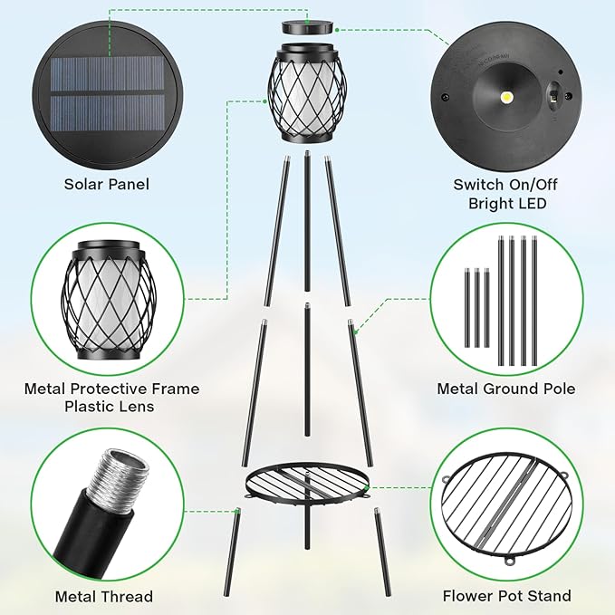 MXwcy Solar Lights Outdoor with Plant Stands 2 Pack, Solar Floor Lamp Metal Tripod Patio Lights for Garden Yard Pathway Driveway Front/Back Porch Decoration