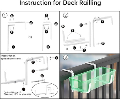 Y&M 4 Pcs Deck Railing Adjustable Planter Box Brackets (6 to 12.5 in), Universal Heavy Duty Iron Flower Box Brackets Wall Mounting Hooks for Fences, Patio, and Garden - White (Patent Registered)