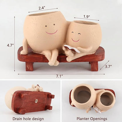 Meltset Cute Face Planter Pot - Funny Double Head Planter Sitting on Bench, Smiley Succulent Pot with Drainage Indoor and Outdoor, Unique Gift for Plant Lovers(Light Brown)