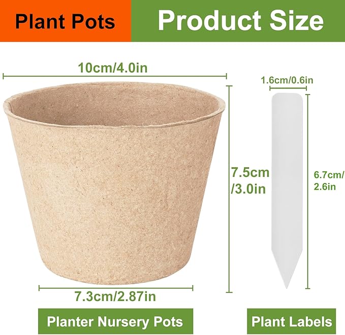 132 Pack Peat Pots, 4 Inch Plant Starter Round Nursery Pot with Drainage Holes, Seedling Nursery Box, Seed Starting Tray, Bulk Garden Germination Paper Pulp Container with 132 Plant Labels