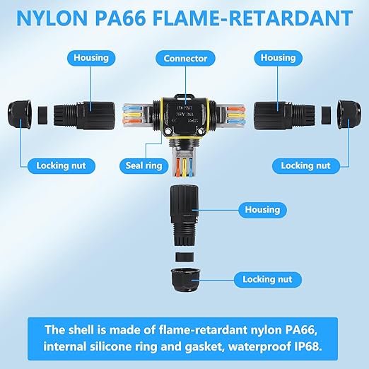 3PCS IP68 Waterproof Electrical Cable Connector, Outdoor 3 Pin T Shape Junction Box, Electrical Wire Connector for 5-9mm/9-12mm Wire Range