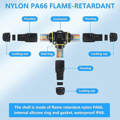 3PCS IP68 Waterproof Electrical Cable Connector, Outdoor 3 Pin T Shape Junction Box, Electrical Wire Connector for 5-9mm/9-12mm Wire Range