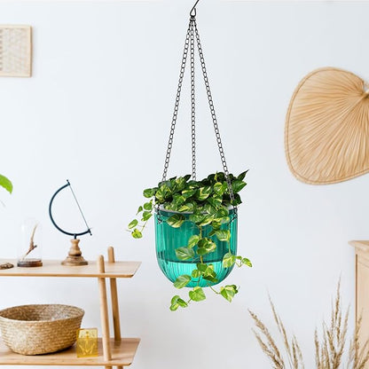 3 Pack Self Watering Hanging Planters, 6.5 Inch Hanging Flower Pot with Drainage Hole, Plastic Hanging Basket with 3 Hooks Chains, Plant Hanger for Indoor Outdoor Plants, Herbs (3 Colors)