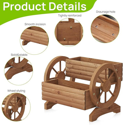 Wooden Wagon Planter Outdoor Flower Cart with Wheels Garden Planter, Decor Planter for Patio Balcony Decoration Succulent Flower Pot for Indoor Backyard Balcon Yard Decor planters (Brown)