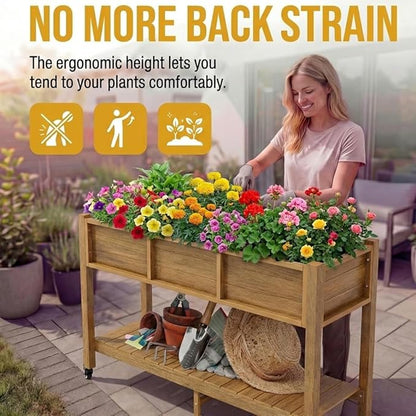 DWVO 47x18x31in Raised Garden Bed Outdoor HDPE with Legs and Lockable Wheels, Weather-Resistant Poly-Wood Elevated Planter Box, Double Tier Planters for Backyard Patio Balcony, Brown